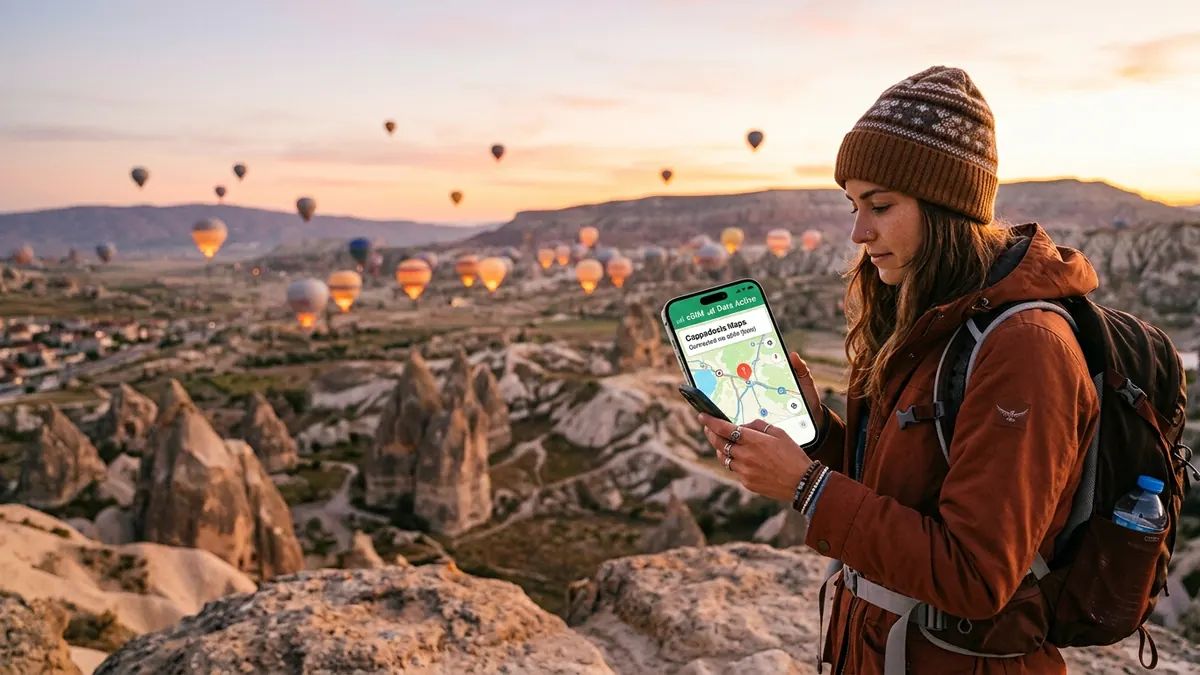 Viaggiatrice in Cappadocia con mongolfiere e mappa sullo smartphone