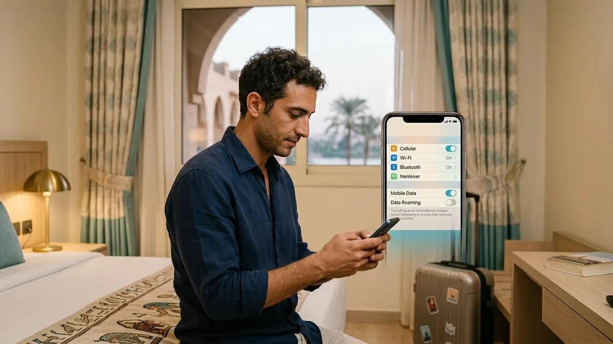 Turista italiano in hotel in Egitto che controlla impostazioni dati e roaming