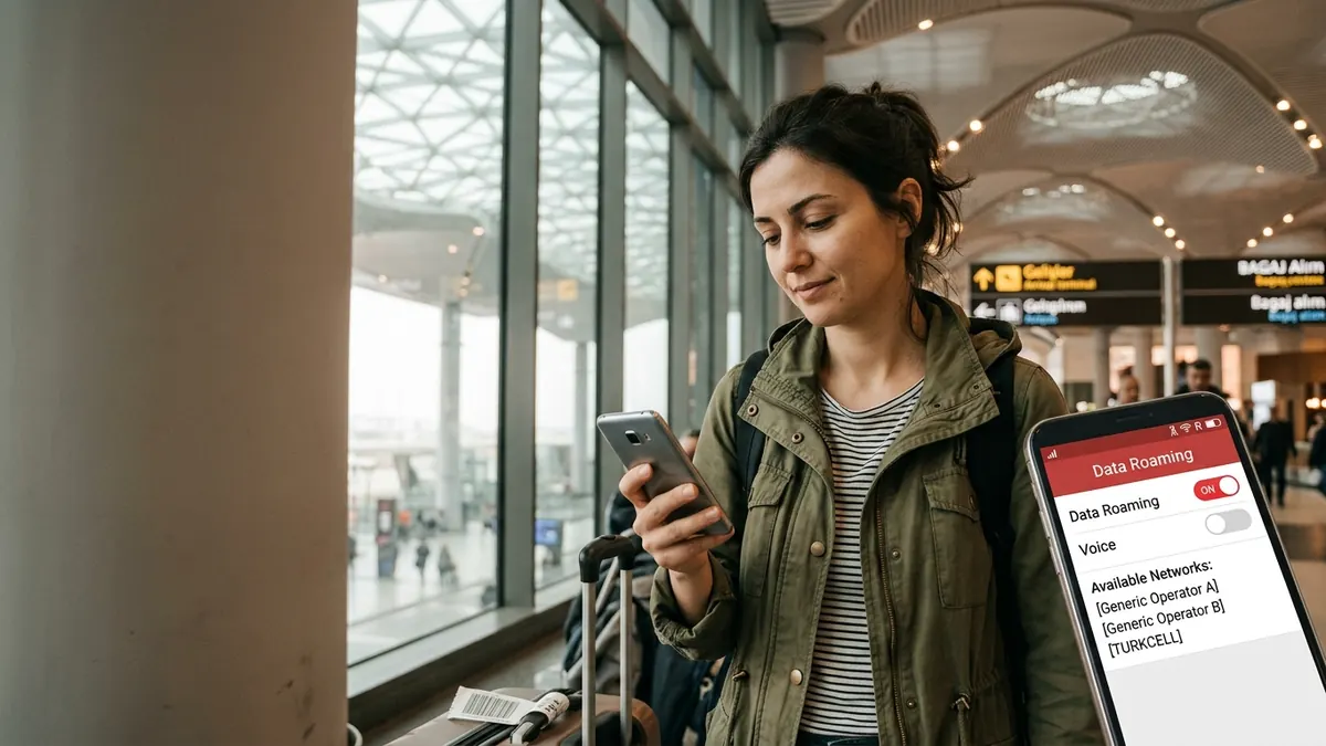 Viaggiatrice in aeroporto in Turchia che controlla impostazioni roaming