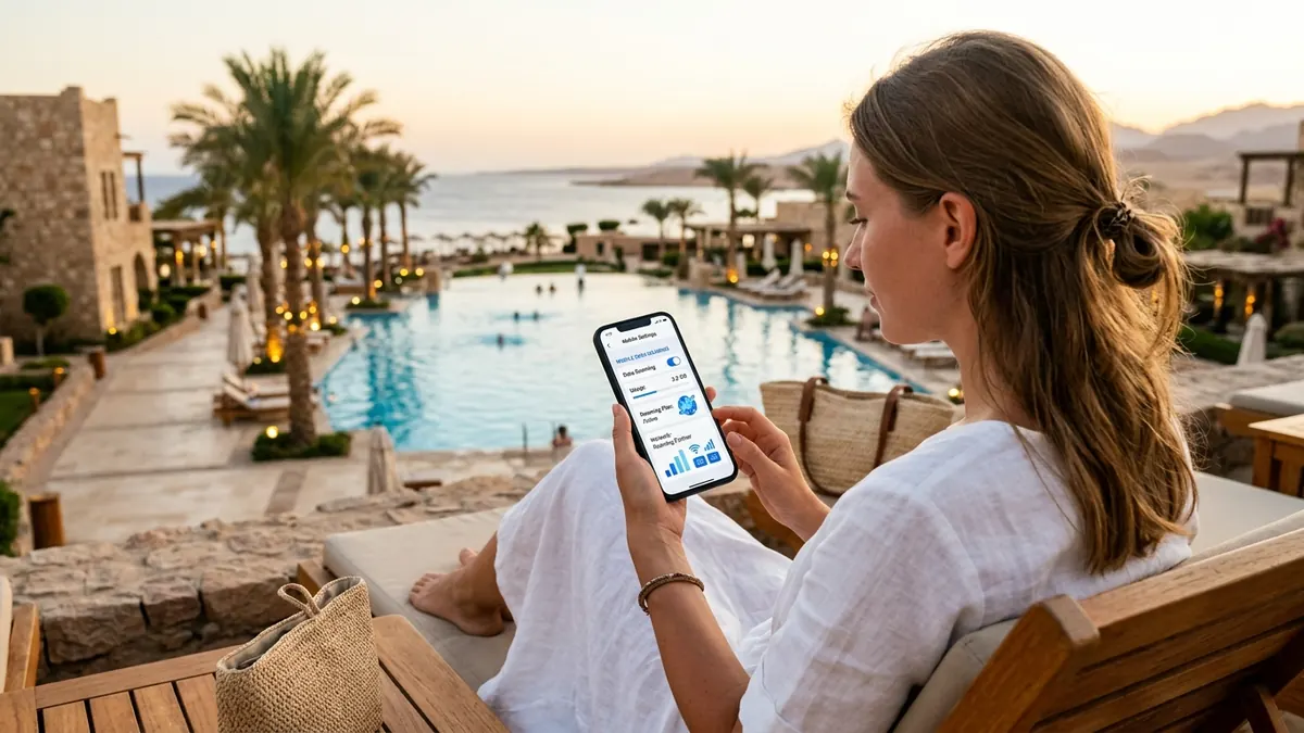 Smartphone con impostazioni roaming in un resort sul Mar Rosso