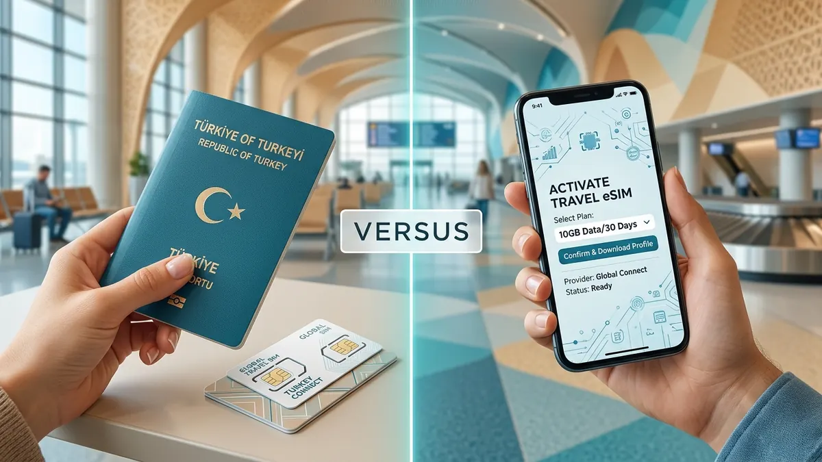 Confronto editoriale tra SIM fisica ed eSIM digitale in aeroporto