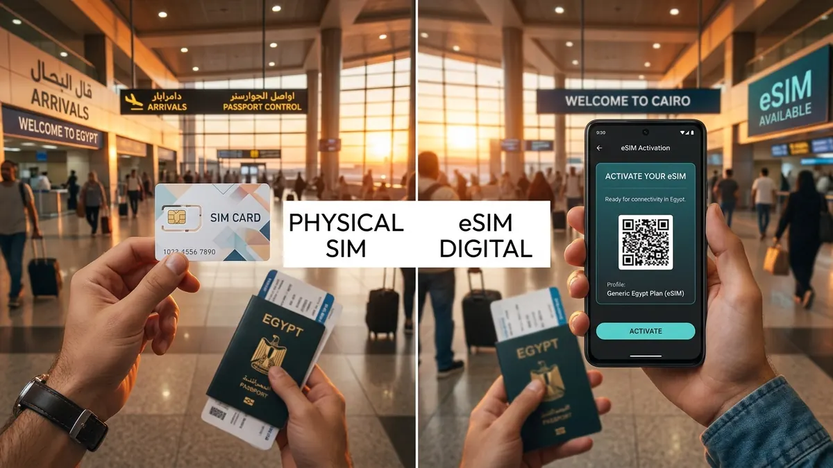 Confronto tra SIM fisica ed eSIM digitale in aeroporto in Egitto