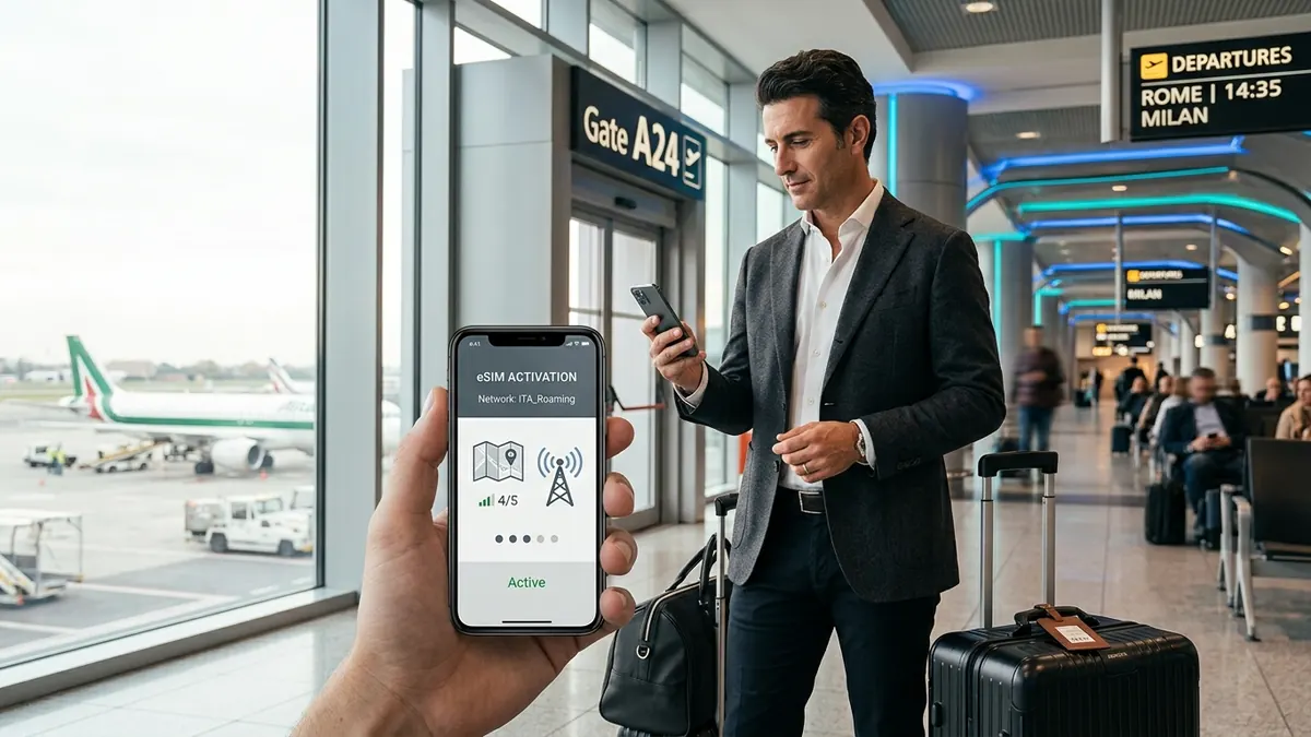 Viaggiatore in aeroporto che attiva una eSIM sullo smartphone