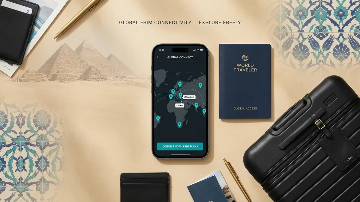 Composizione travel tech con smartphone, mappa globale, passaporto e valigia
