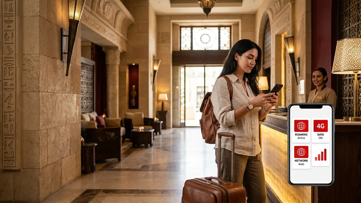 Viaggiatrice in hotel egiziano che controlla dati mobili e roaming