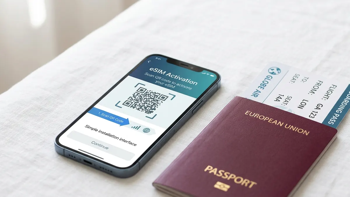 Smartphone con schermata di attivazione eSIM accanto a passaporto e carta d'imbarco